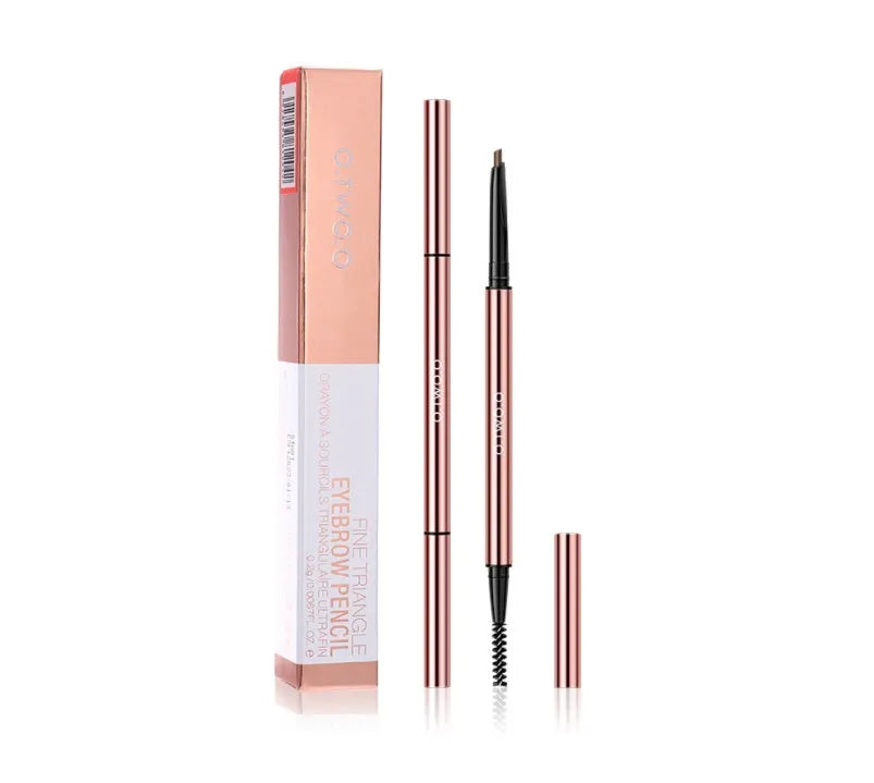 Eyebrow make-up pencil in colour box with six shade options including auburn and taupe.
