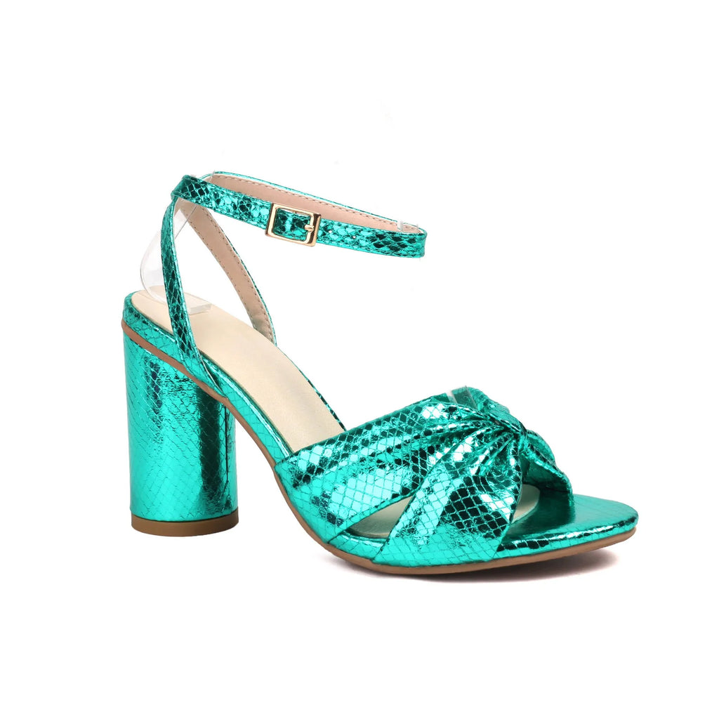 Women's plus size high heel peep toe sandals with ankle buckle in gold, silver, red, or green colours
