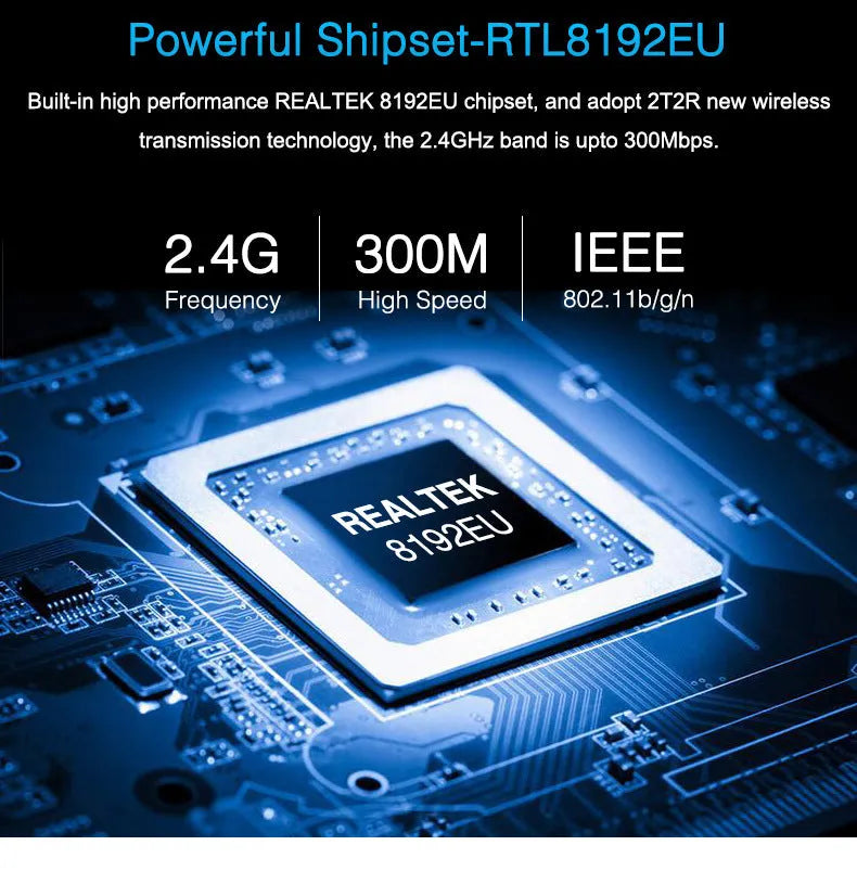 Black 300M mini USB WiFi adapter with RTL8192EU chip, measuring 3.3 x 1.5 x 0.7cm, for Windows, Linux and MAC OS