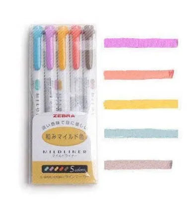 Five Zebra Mildliner double-sided highlighters with water-based ink showing chisel and bullet tips in a colour set
