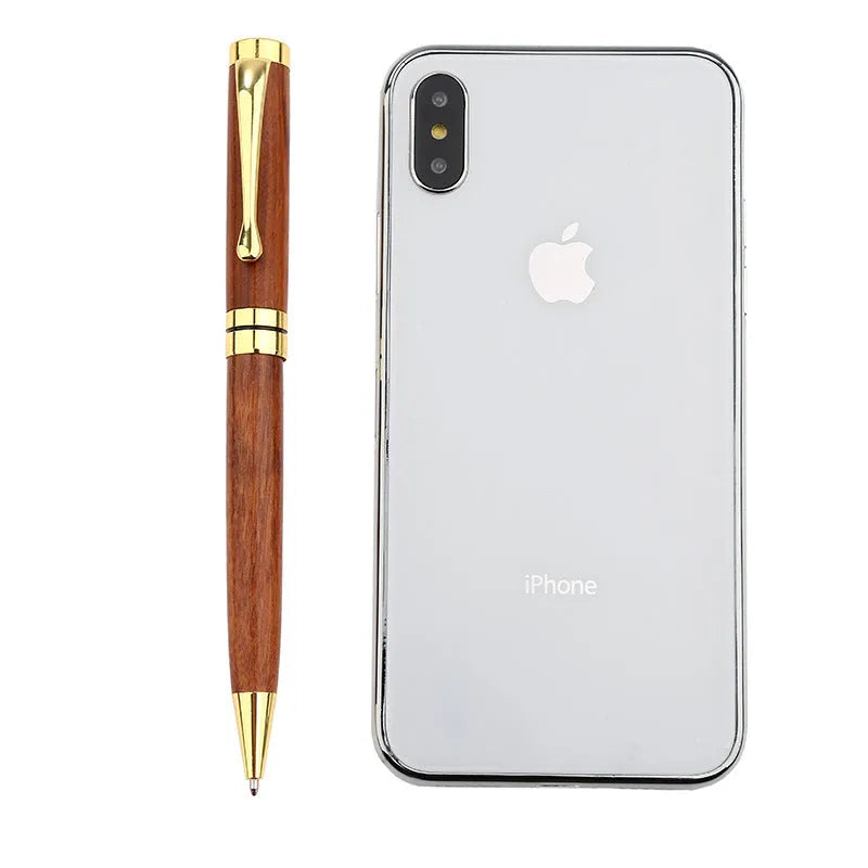 Rosewood and metal ballpoint pen 14cm long with gold and silver finish options on a white background