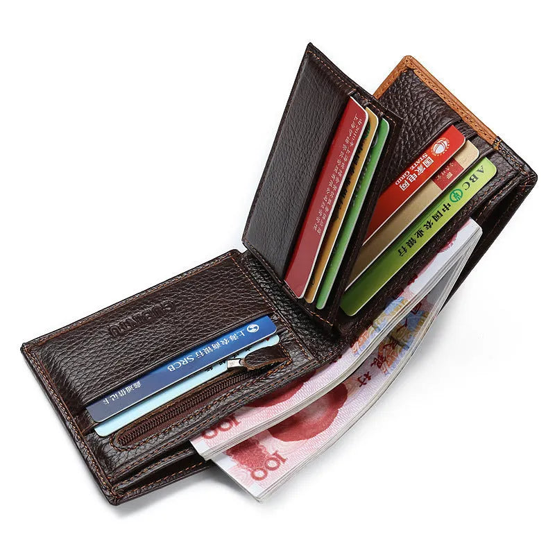 Brown leather tri-fold wallet with card slots, bill holder and zip compartment