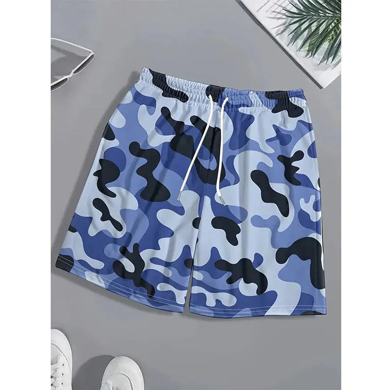Men's polyester beach shorts with printed design and elastic waistband in multiple colour options