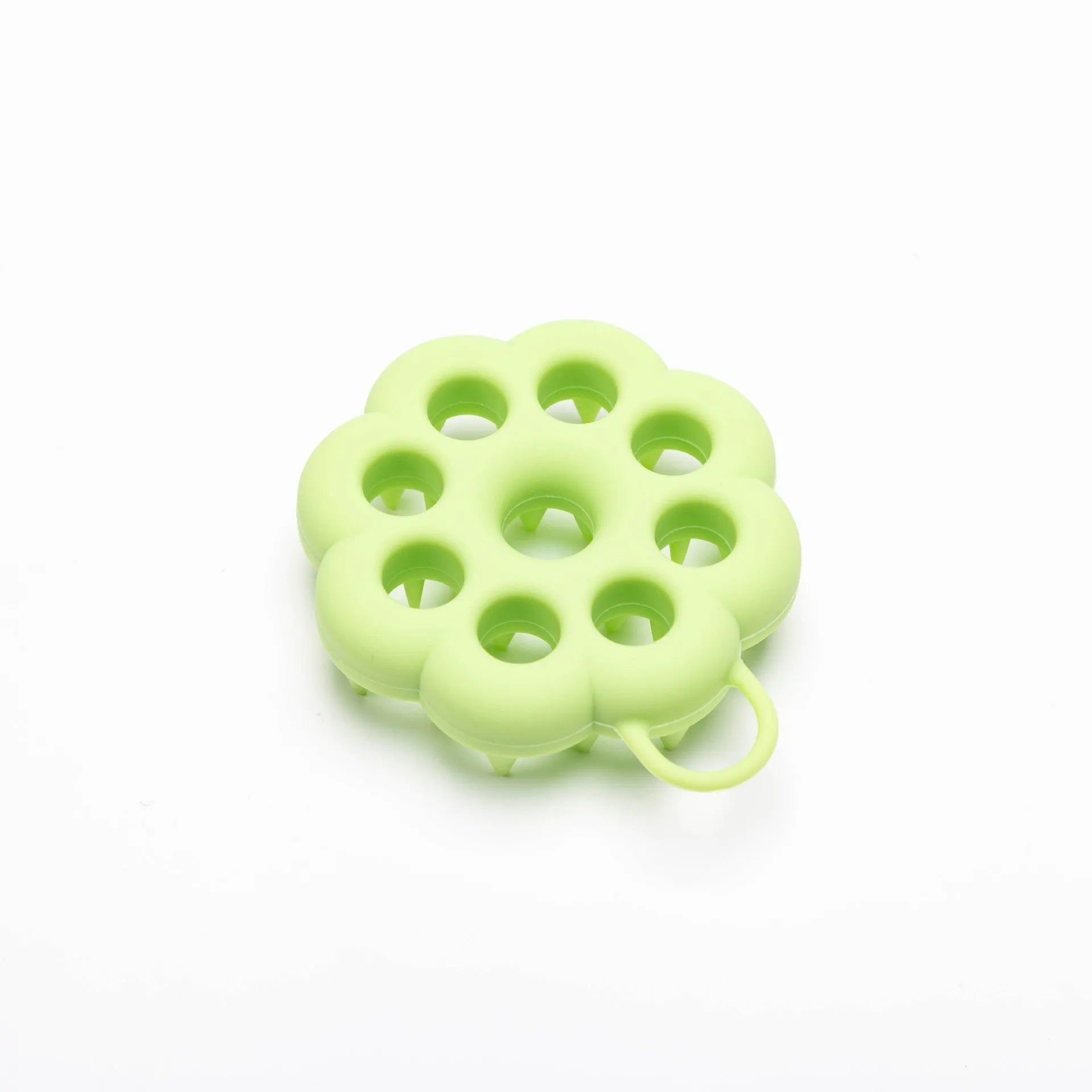 Silicone pet grooming brush with ergonomic handle shown in blue, for use on dog or cat coat during dry grooming or bath.