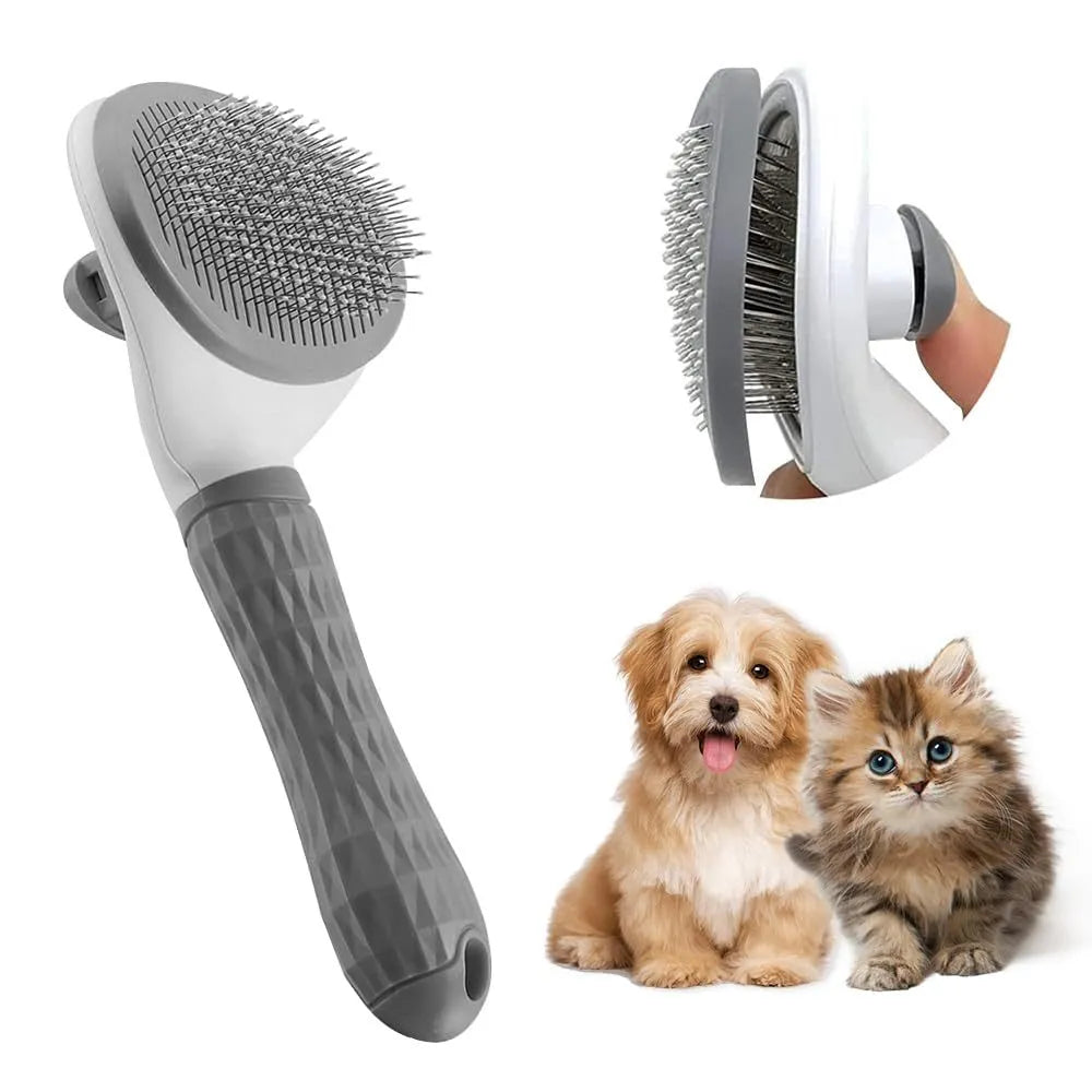 Blue cat grooming brush with a release button for removing loose fur and tangles.