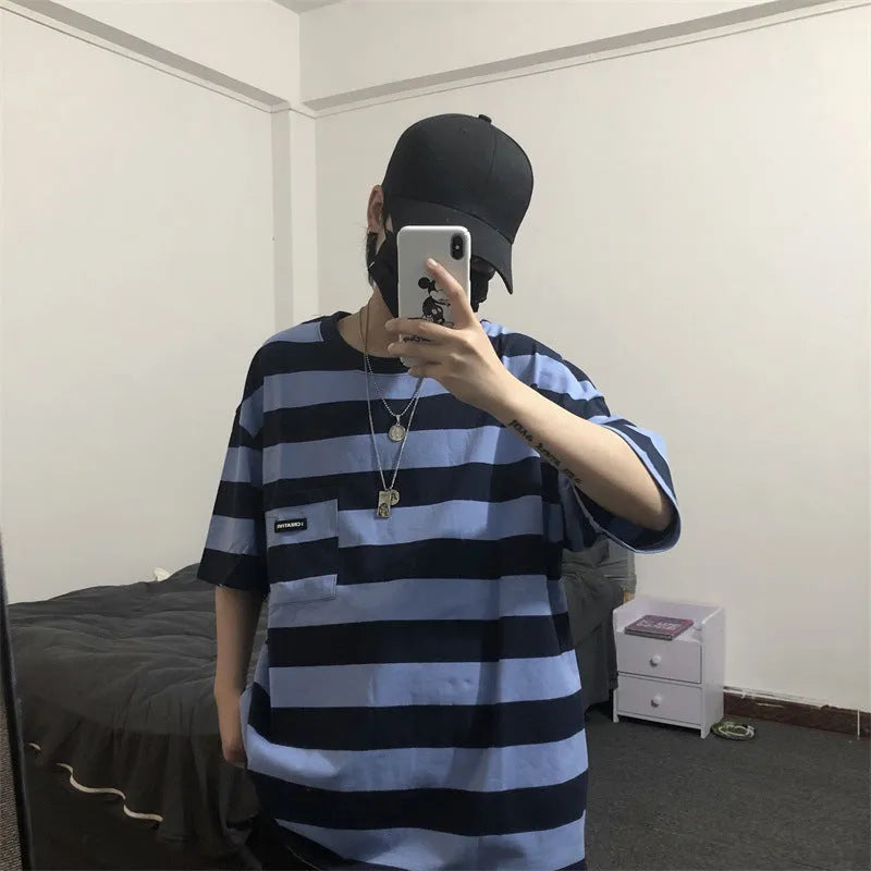 Striped short sleeve t-shirt in blue and yellow colours