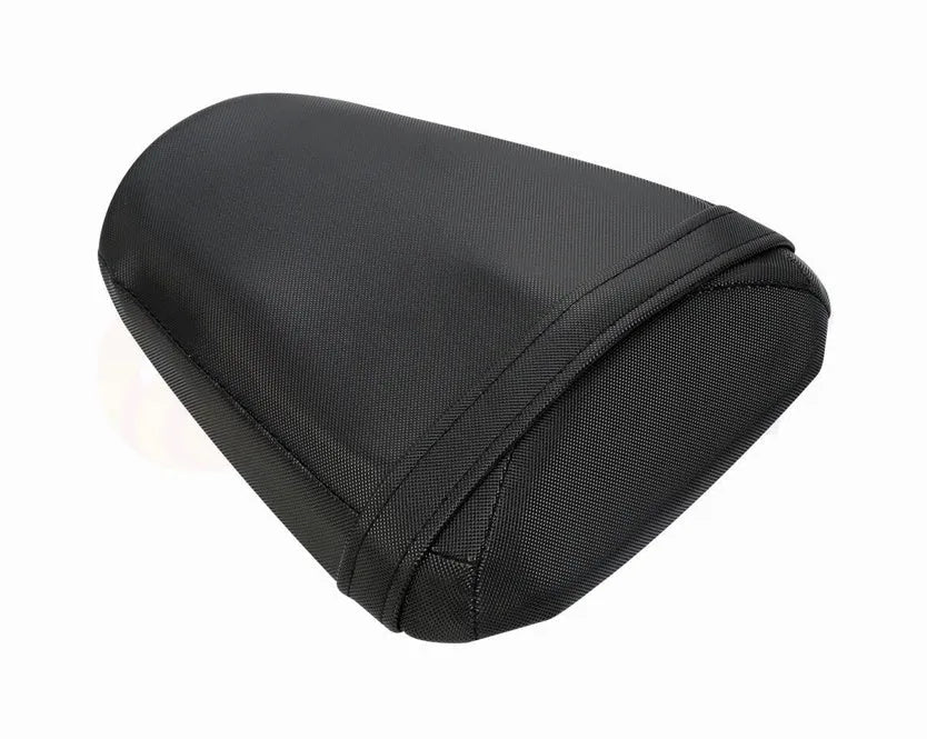Black PU leather seat cover fitted on a Suzuki GSXR1000 motorbike, showing front and rear set.