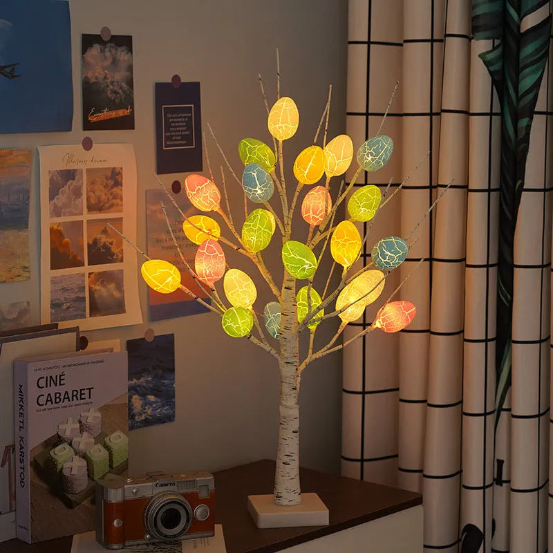 White LED birch tree with black bark markings and cracked egg ornaments, 60cm tall with adjustable branches