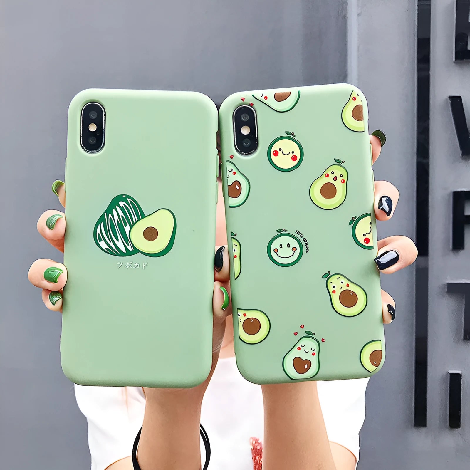 Flexible green TPU iPhone case with a detailed painted cartoon avocado illustration on the back.