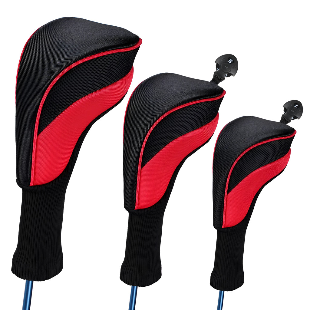 Set of six fabric golf club covers in blue black red and white colour combinations