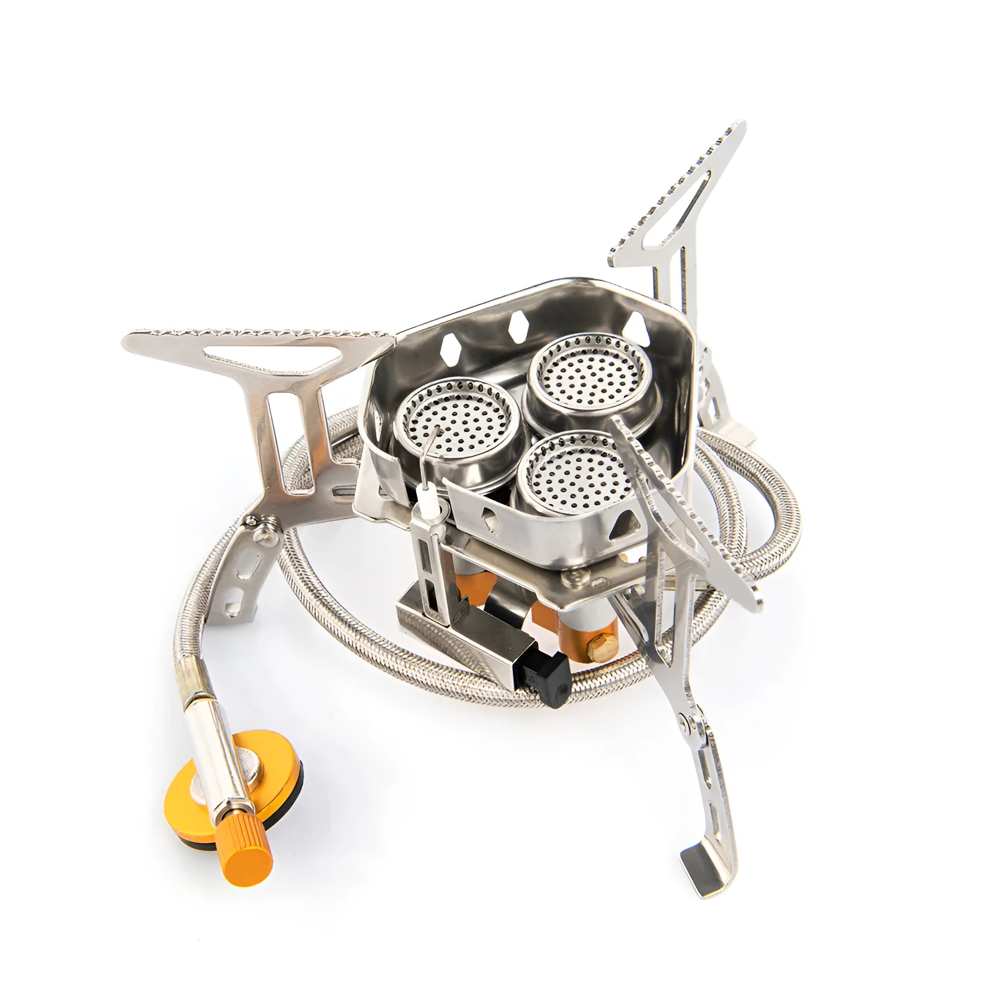 Foldable portable windproof split camping stove with aluminium fire tray and stainless steel frame on outdoor surface