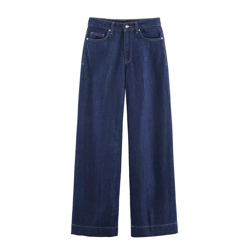 Autumn denim-look layered top and trousers set in solid colour with button detailing