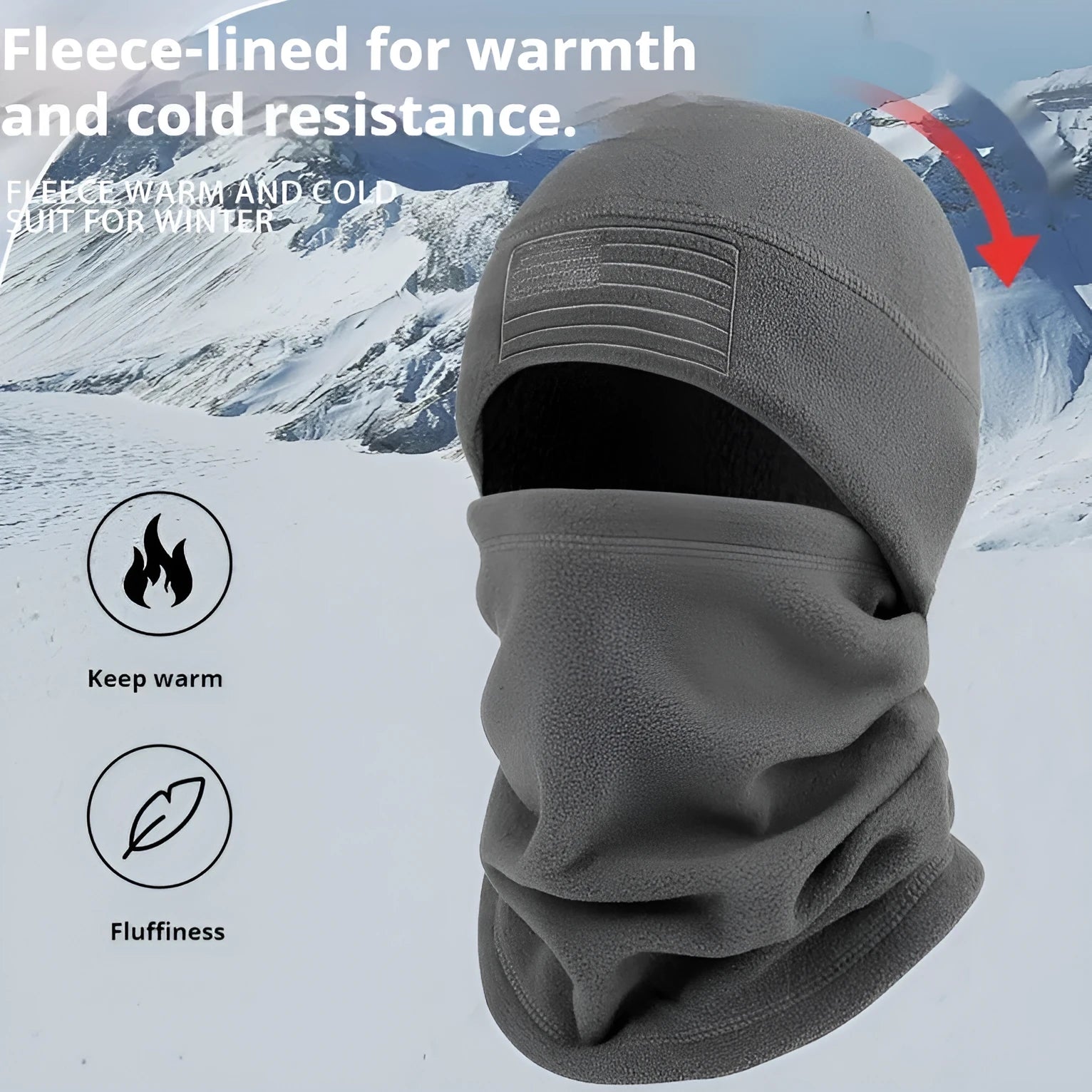 Polar fleece winter scarf and hat set in black, showing coordinated head and neck gear for cold weather
