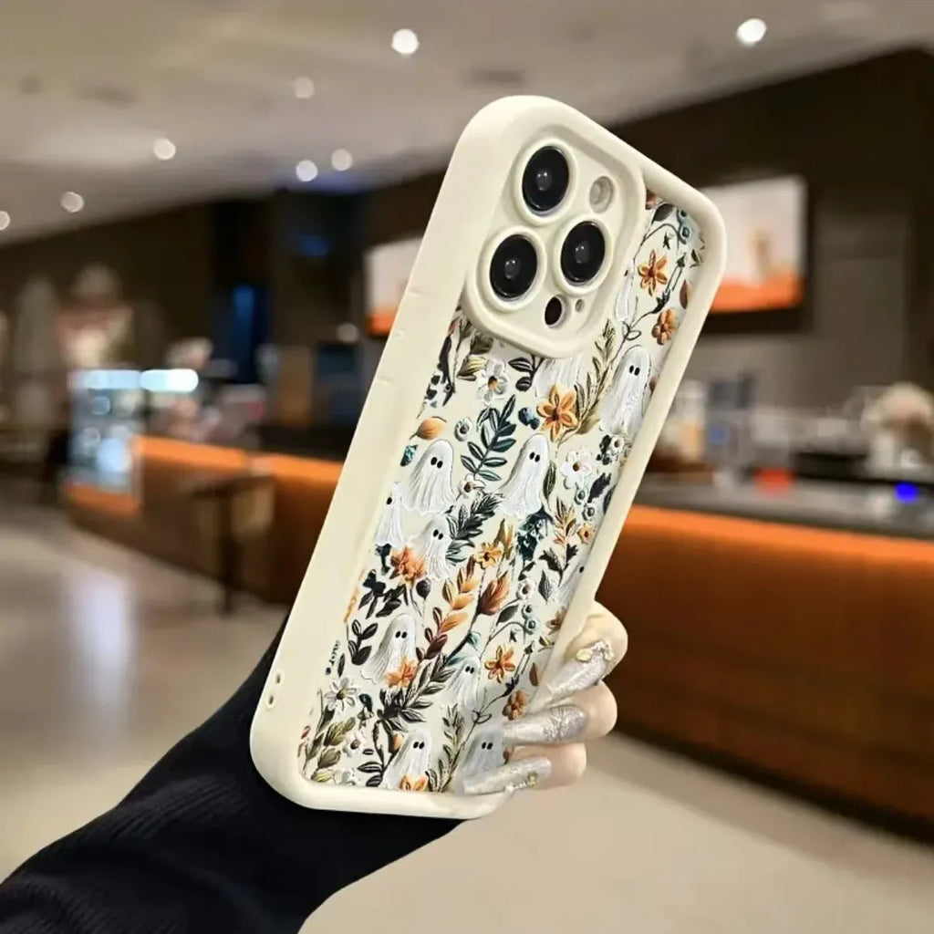 Ghost Flower frosted TPU phone case for Apple iPhone with built-in bracket, available in white, pink, green, and black