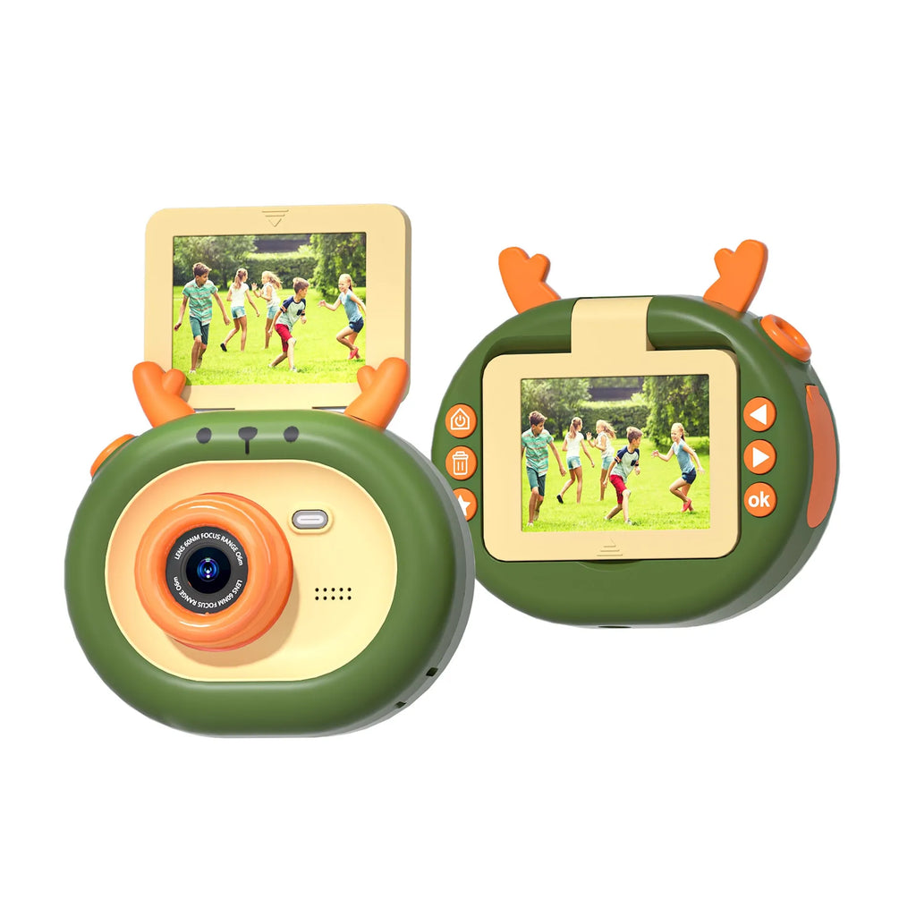 Purple and dark green children's digital camera with flip screen, silicone case, and neck lanyard.
