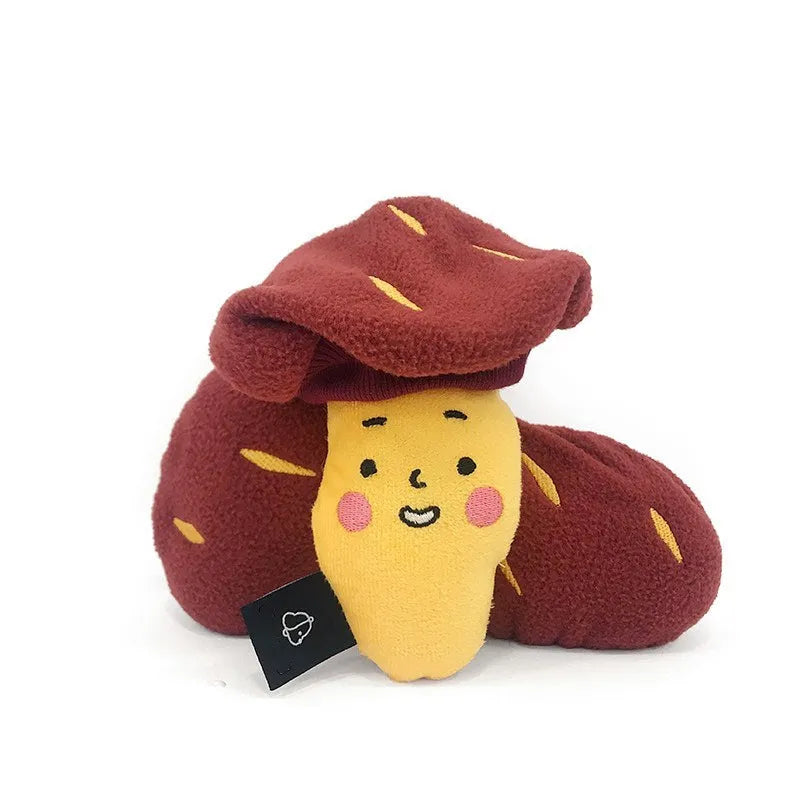 Red sweet potato shaped dog puzzle toy with hidden treat compartments