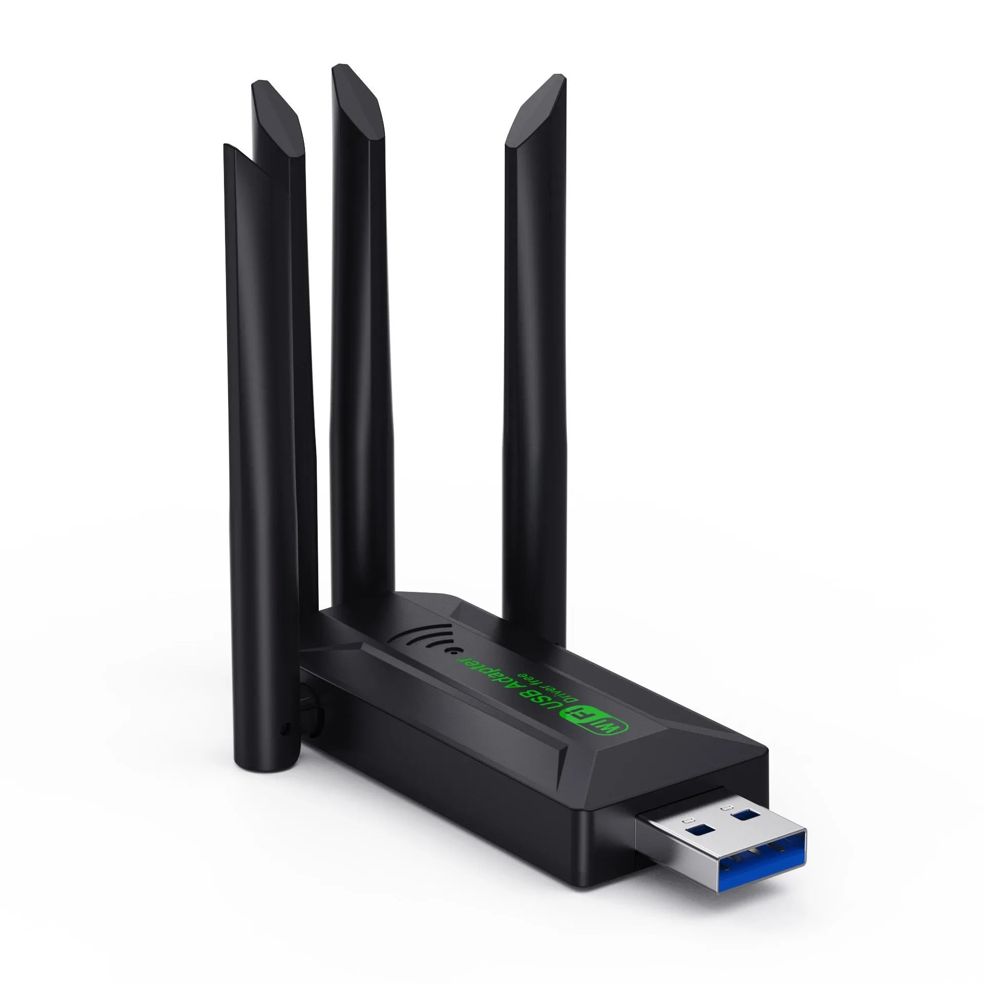 Black USB network transmitter with four external antennae for computer Wi-Fi signal boosting.