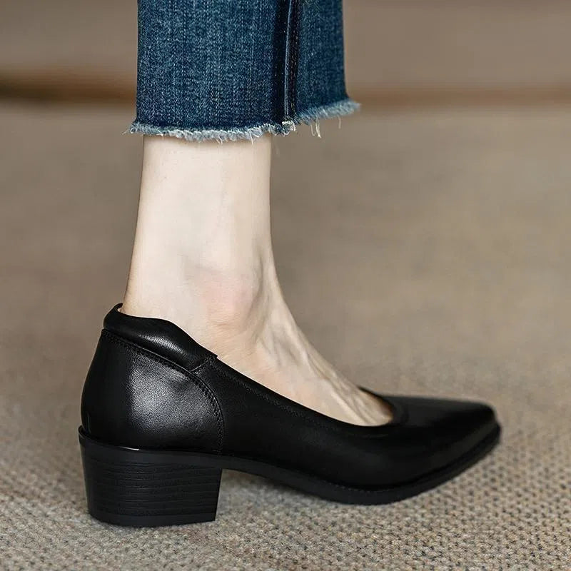 Women's retro brown pointed toe mid heel chunky heel commuting shoes with anti-slip sole, side view