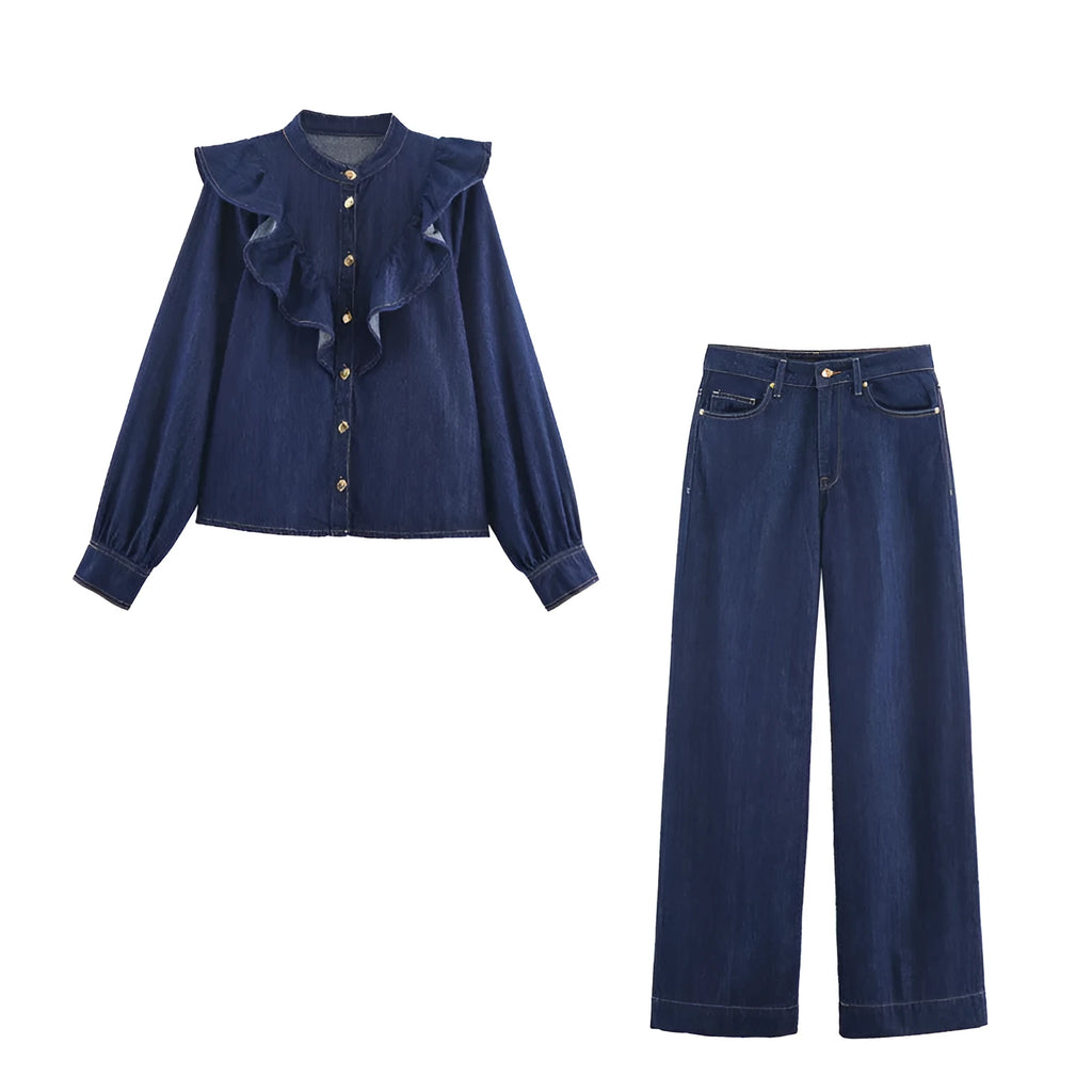 Autumn denim-look layered top and trousers set in solid colour with button detailing