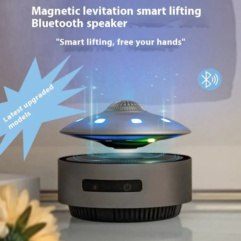 Automatic lifting magnetic levitation Bluetooth speaker floating above its base.