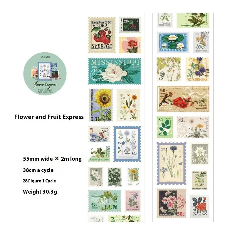 A roll of retro-design coated paper adhesive stamps, 55mm wide and 2 metres long.