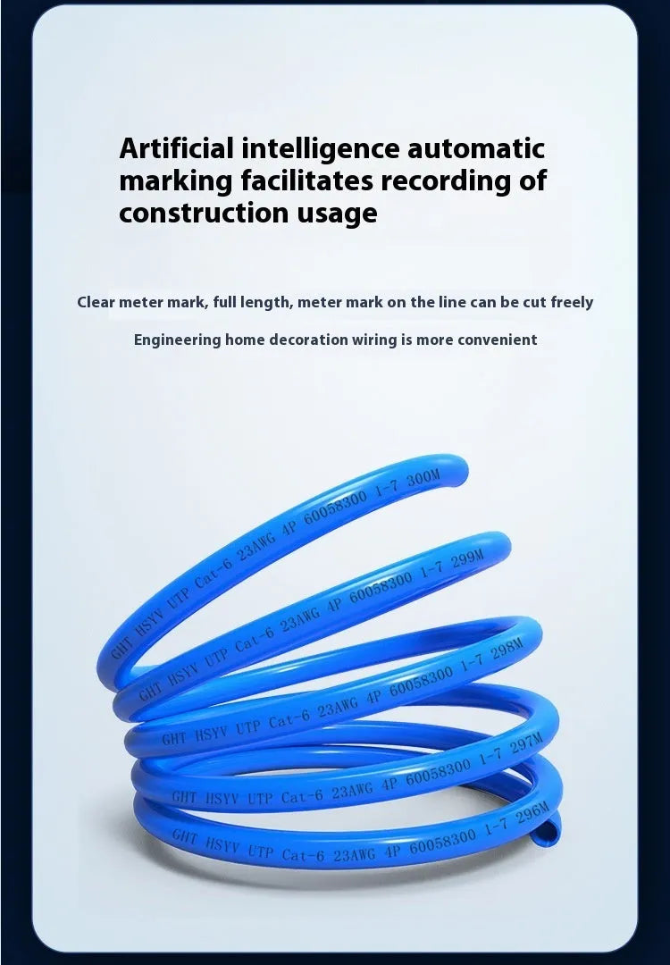Reel of blue Category 6 network cable with oxygen-free copper core, labelled for gigabit and 10-gigabit speeds.
