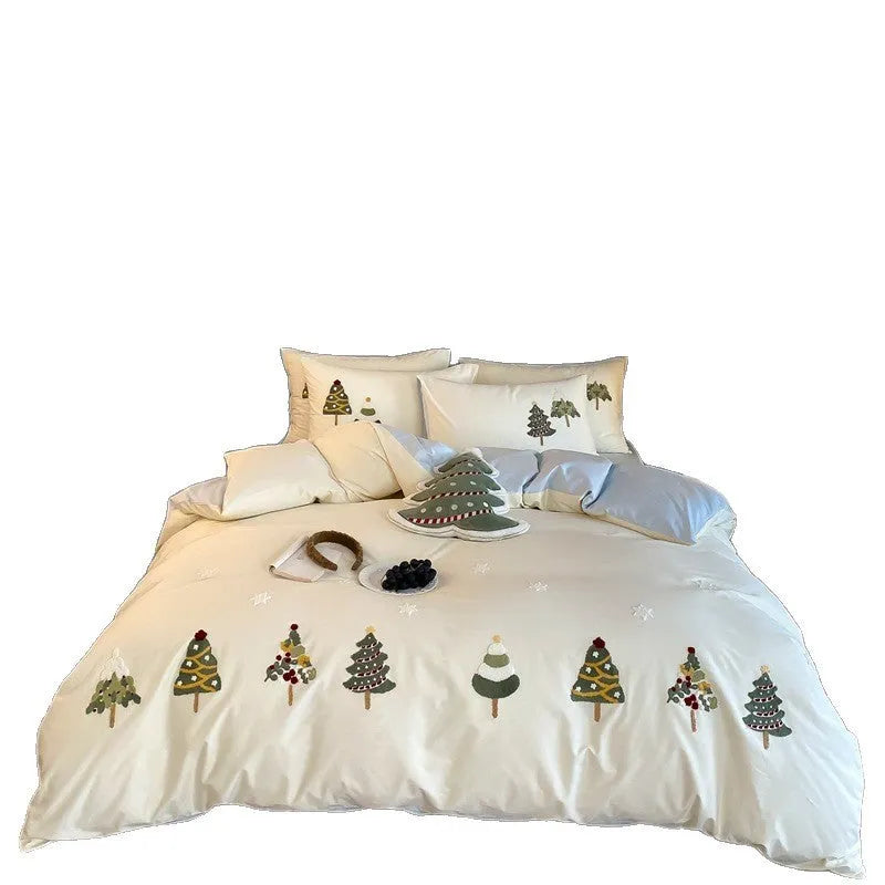 Cream blue duvet cover with embroidered Christmas tree and towel pattern, part of a pure cotton four-piece bedding set.