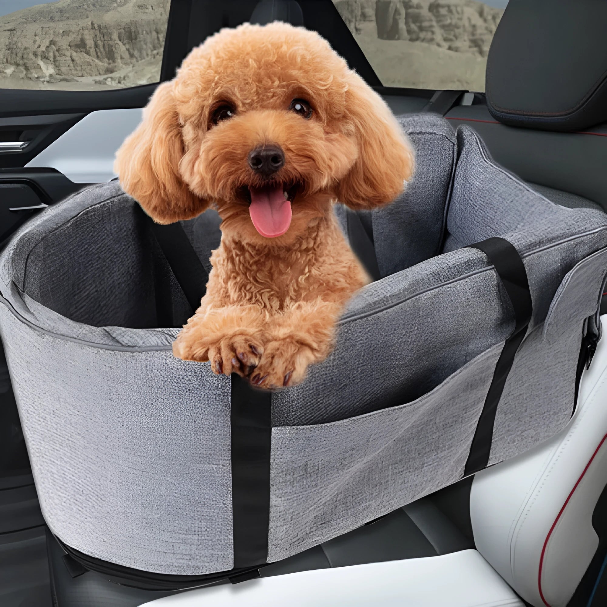 Foldable blue cloth dog kennel set up outdoors, showing mesh ventilation panels.