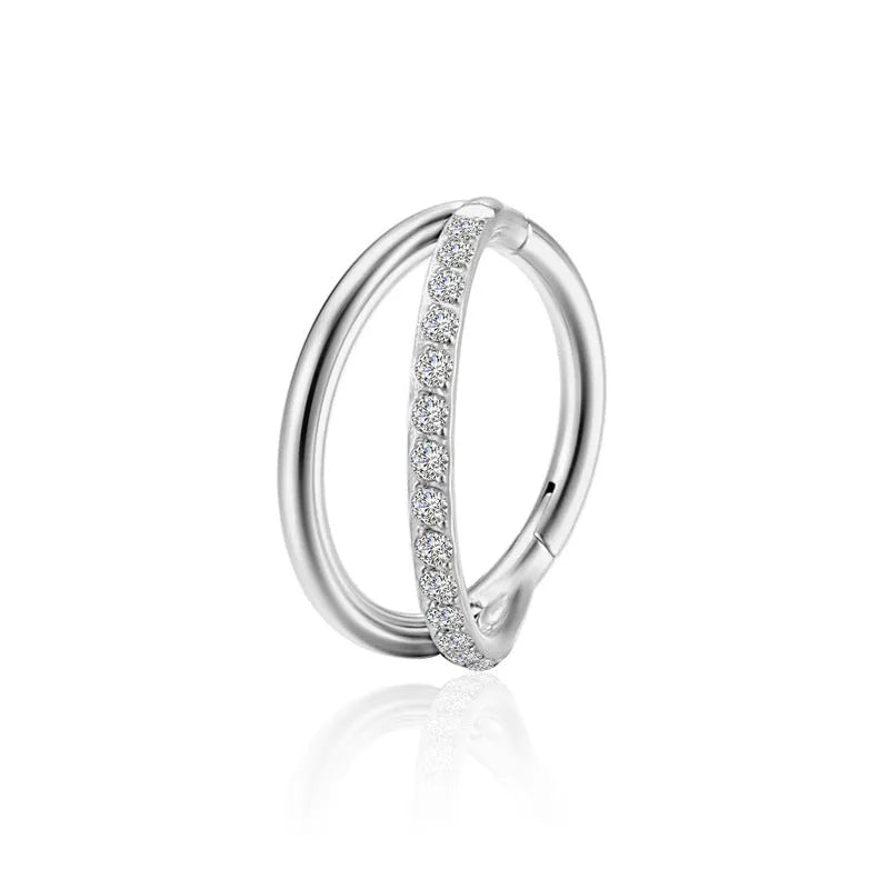 F136 titanium alloy fork nose ring body jewellery in silver, shown next to size options.