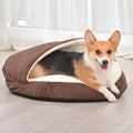 Brown cloth dog kennel bed with removable, washable cushion in a medium size.