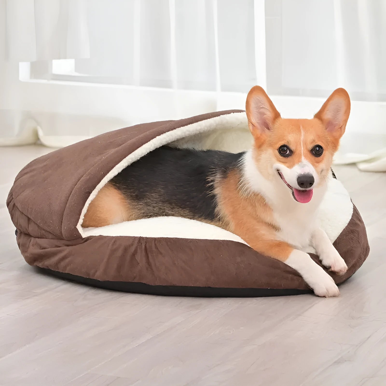 Brown cloth dog kennel bed with removable, washable cushion in a medium size.