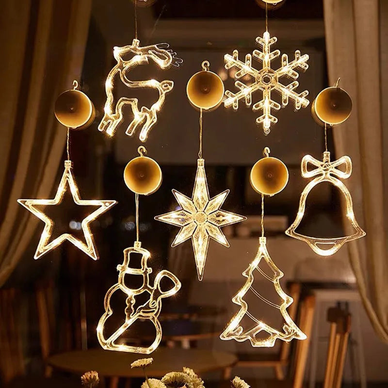 Christmas LED decorative light with suction cup showing Santa Claus, elk and snowman designs on window