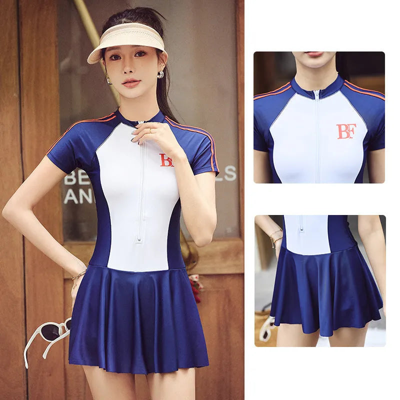 Conservative style one-piece swimsuit for sports in colour-matched pattern with high elasticity polyester construction