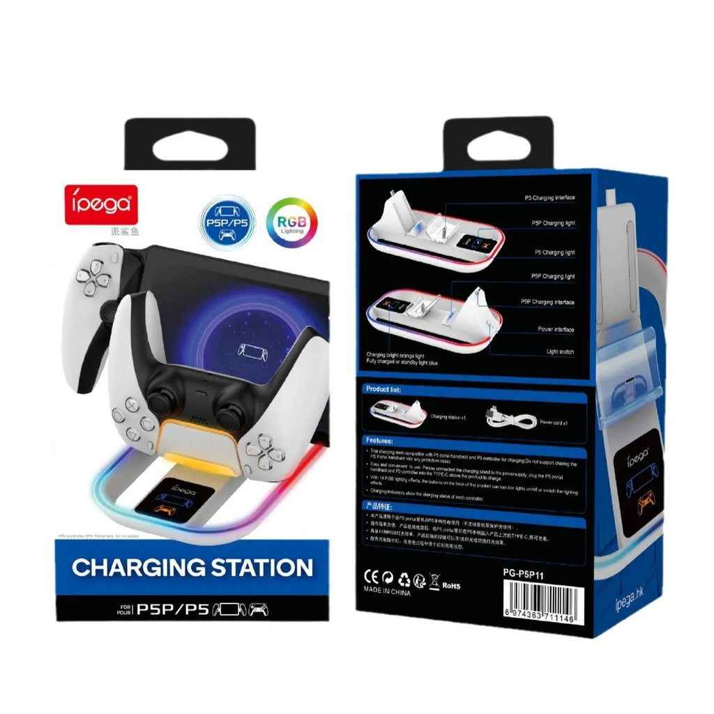 White ABS charging base for PS5 Portal and PS5 controller with colourful LED and Type-C cable
