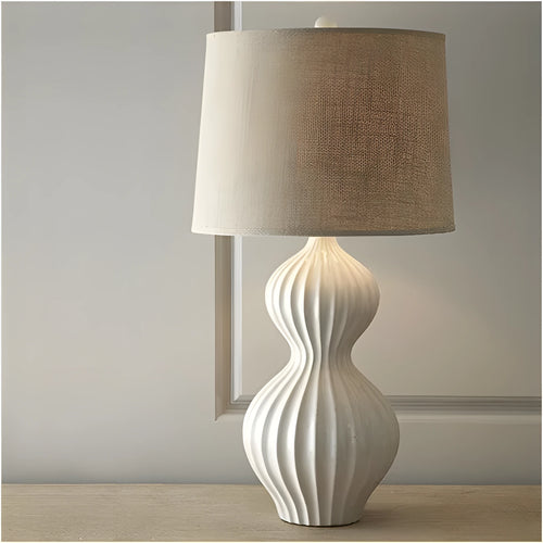 Jingdezhen ceramic table lamp with white fabric shade, 62cm tall on a wooden table.