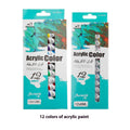 Set of twelve artist pigment tubes in a strip with a white paper mixing palette.