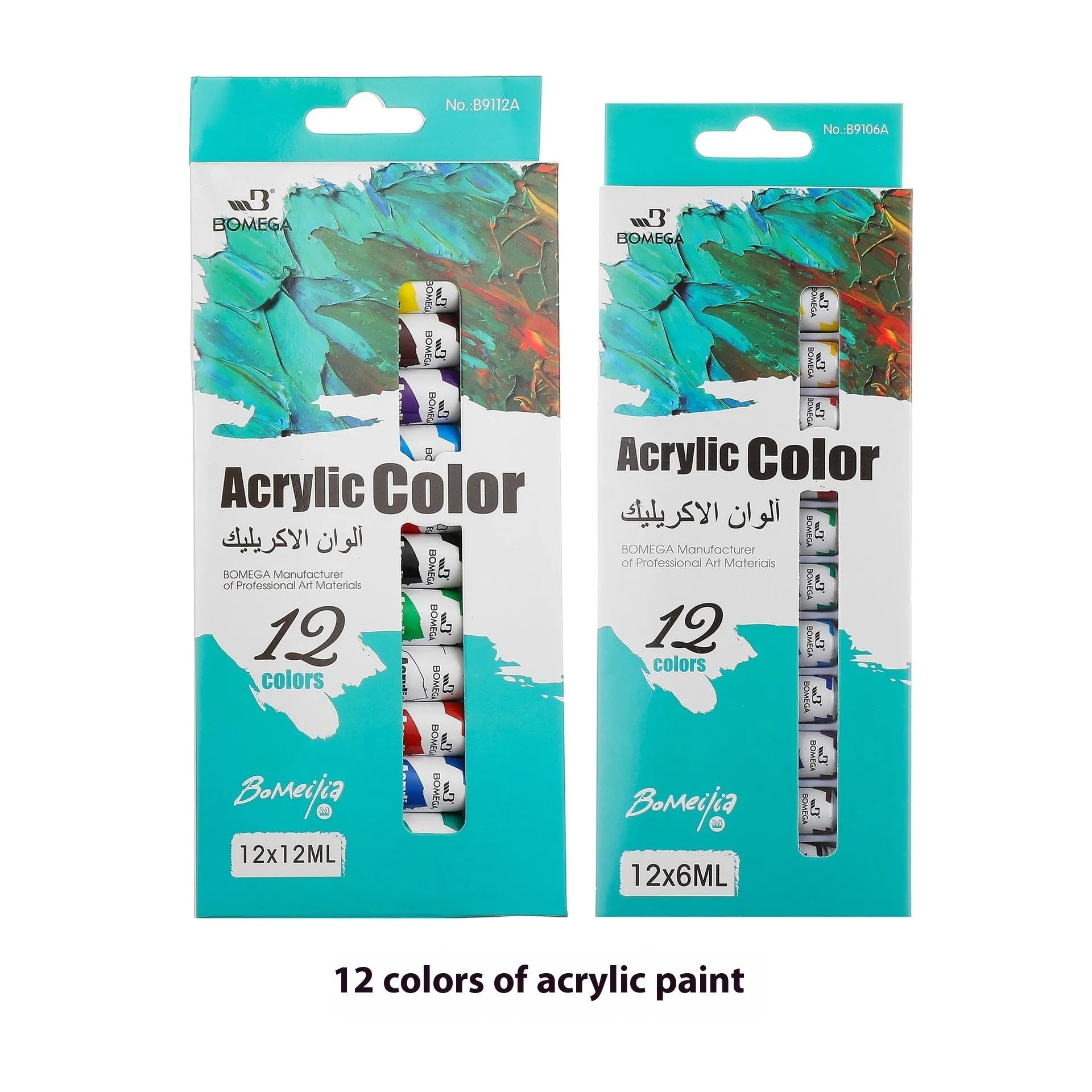 Set of twelve artist pigment tubes in a strip with a white paper mixing palette.