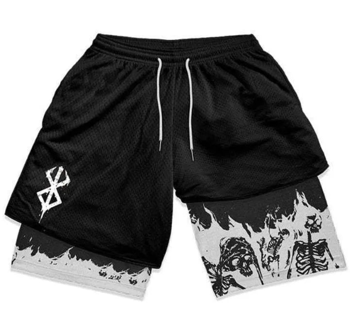 3D digital printing double-layer beach pants for men in black polyester, front view