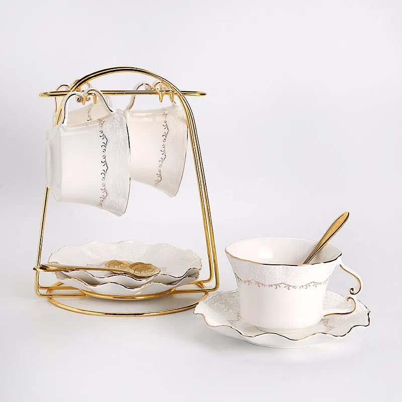 Afternoon tea set with 6 ceramic cups and saucers, borosilicate glass teapot, hand-painted gold, and iron frame spoon holder in gift box