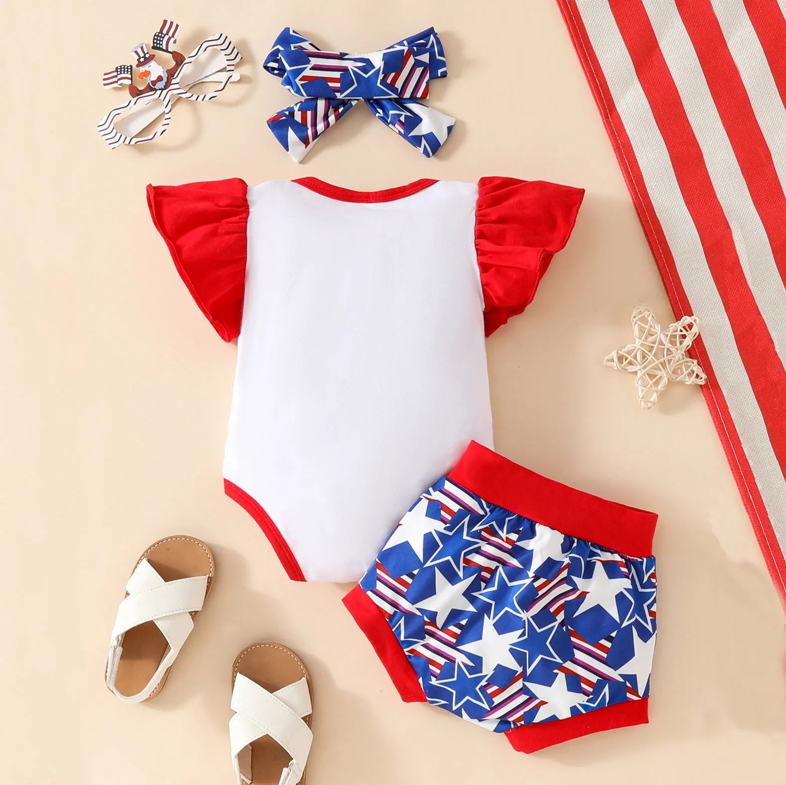 Baby sleeveless shorts suit three-piece set in red or blue polyester knit for infants 0-18 months