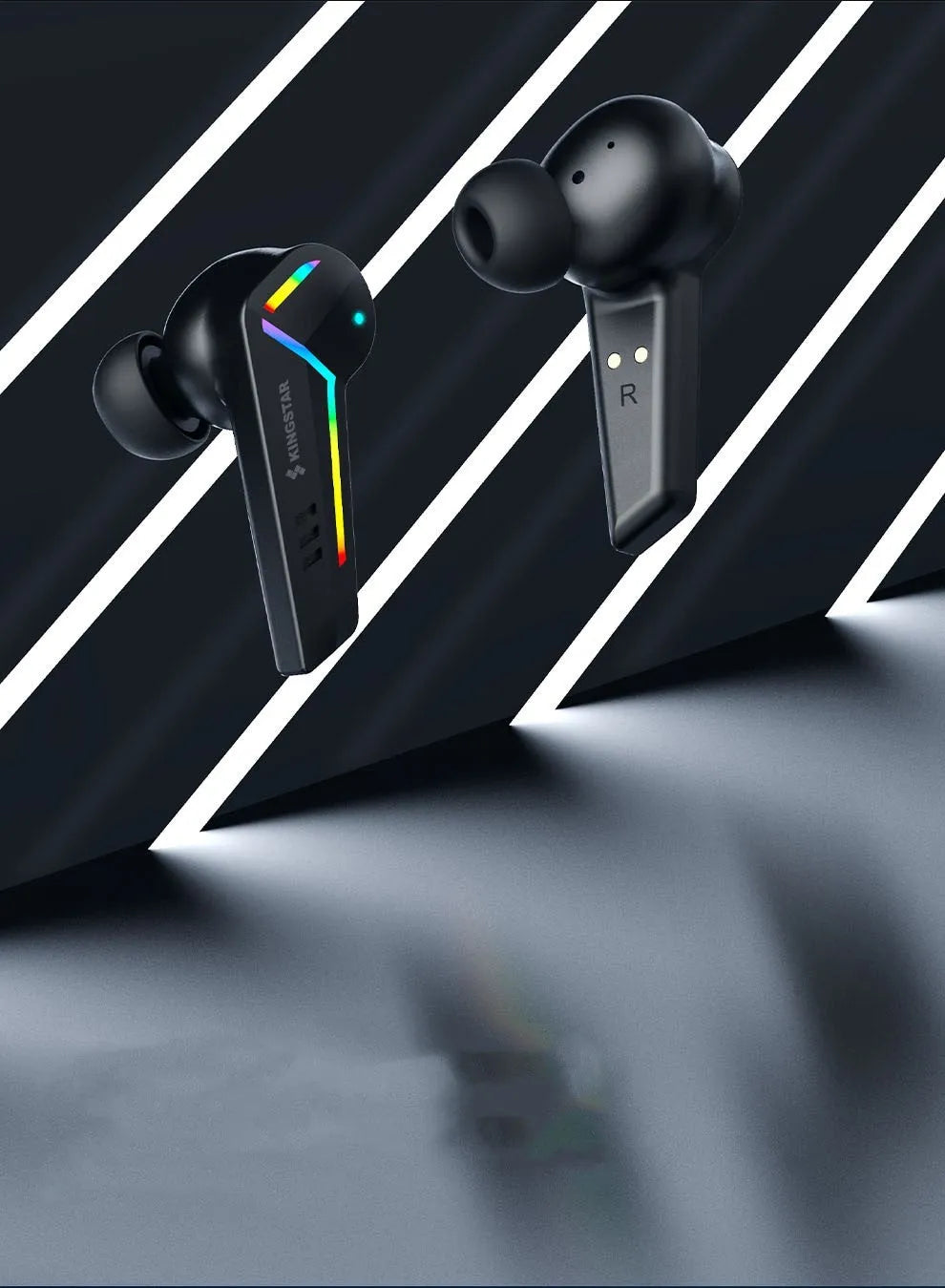 Small black wireless Bluetooth sports headset with low latency for gaming.