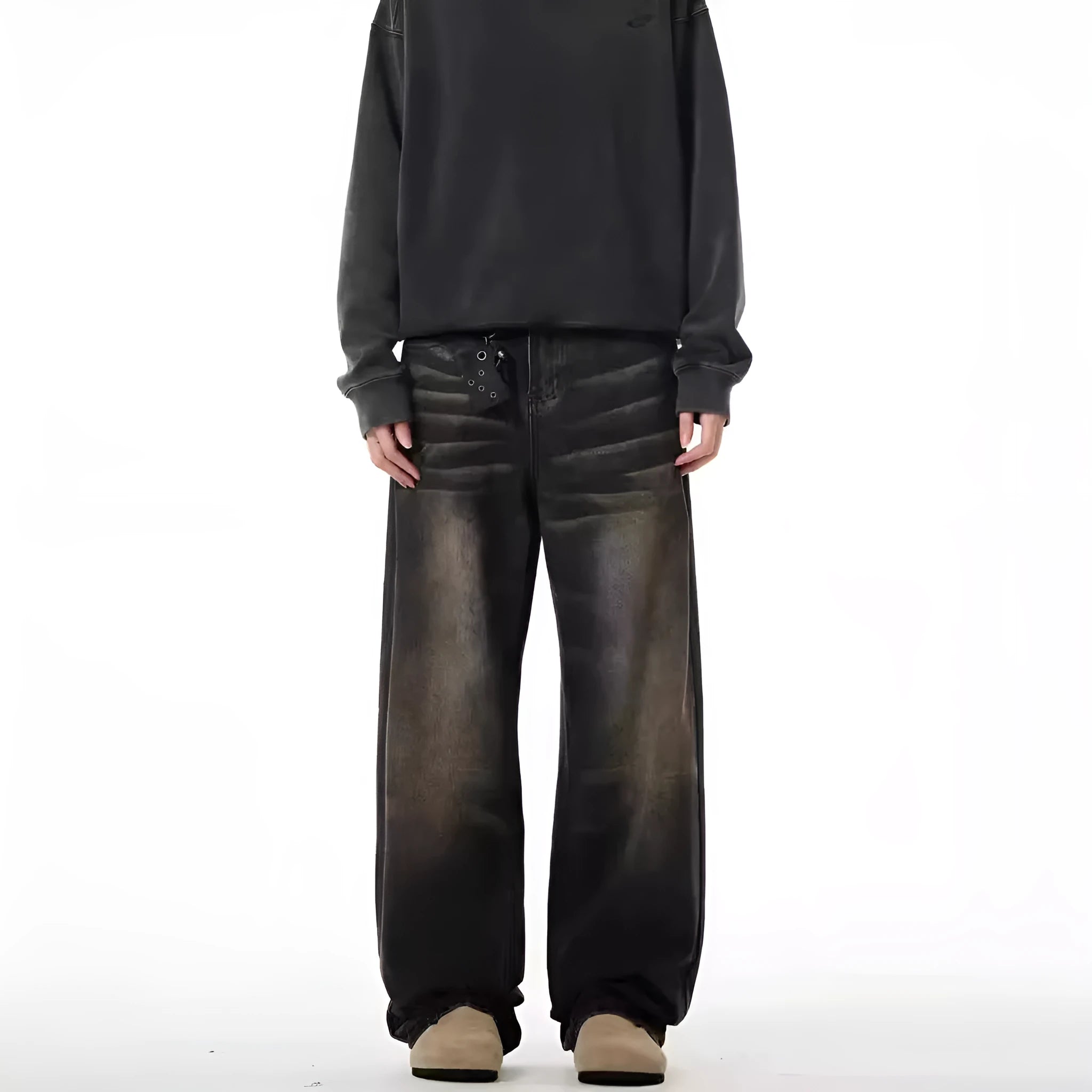 Men's retro straight-leg jeans in Black Gray, low waist, high elasticity denim, available in sizes S-3XL