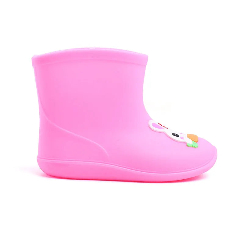 Children's short rain boots in yellow, pink, or blue with non-slip sole, waterproof PVC upper, cartoon pattern, sizes 14-18