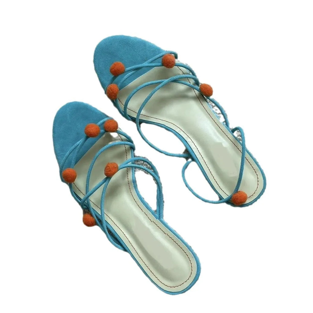 Cyan genuine leather French lace-up high-heeled sandals with thin straps and open toe
