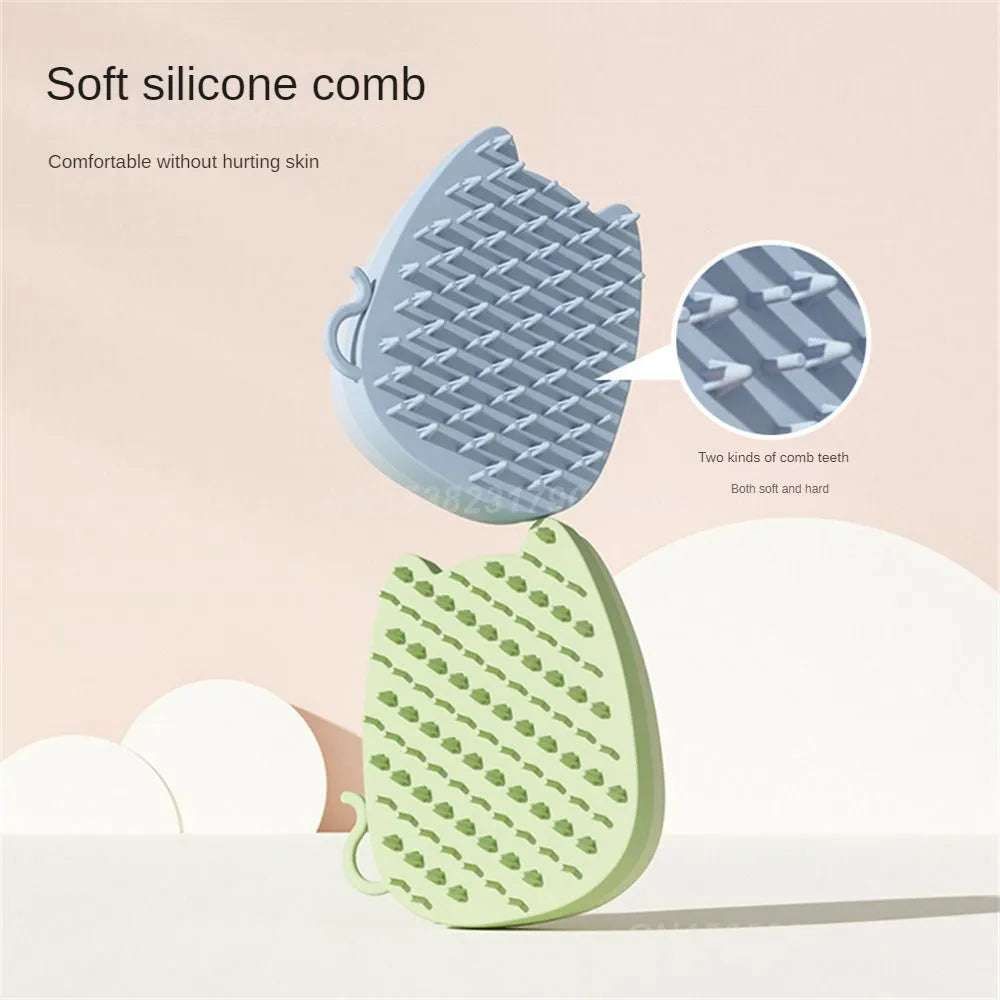 Brown silicone pet grooming brush with dual-texture comb teeth on a white background.