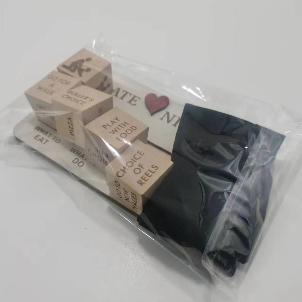 Wooden date night dice set with five decision dice, planner board, and black storage bag for couples