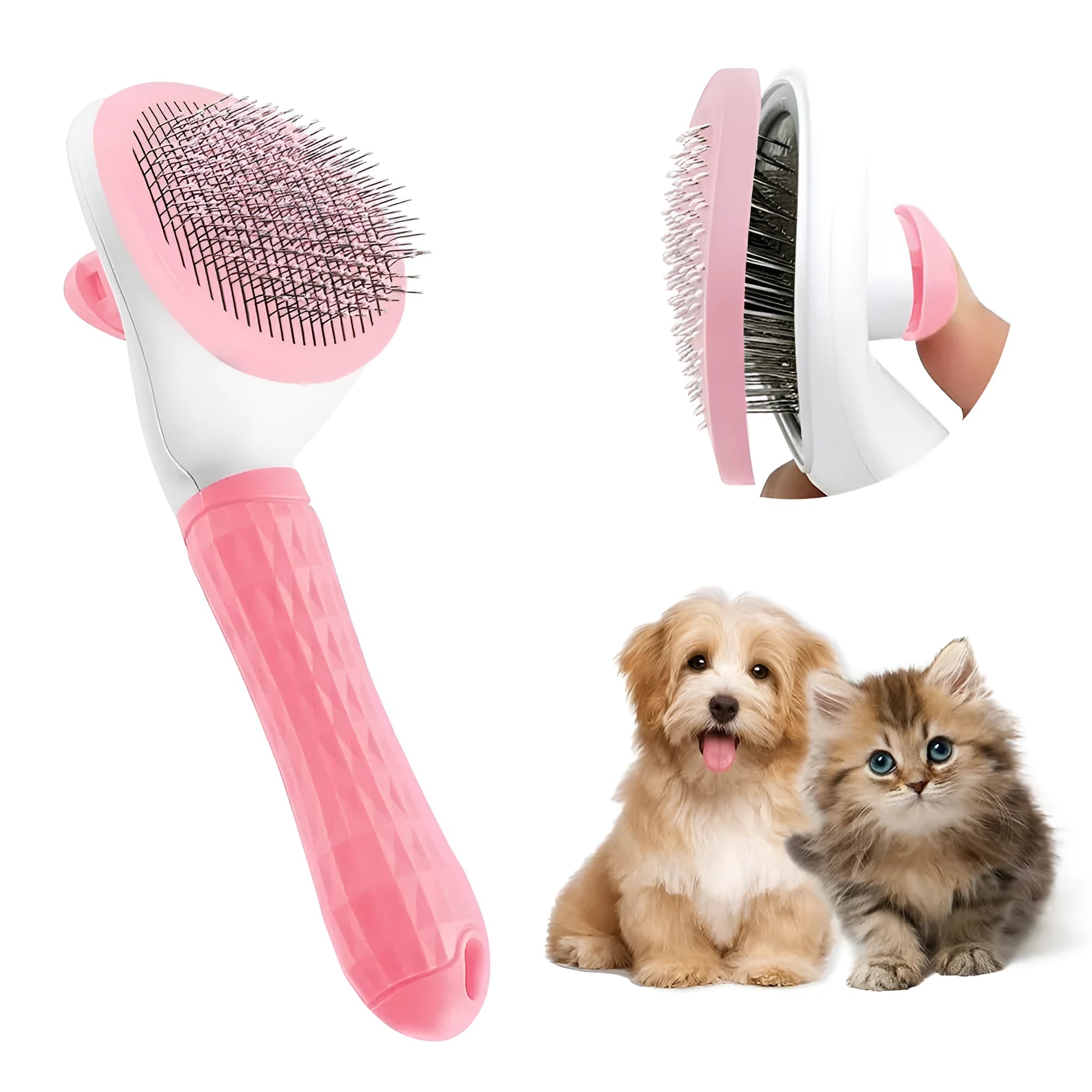 Blue cat grooming brush with a release button for removing loose fur and tangles.