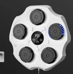 Black Bluetooth music-responsive boxing wall target hanging on a wall with included punching gloves.