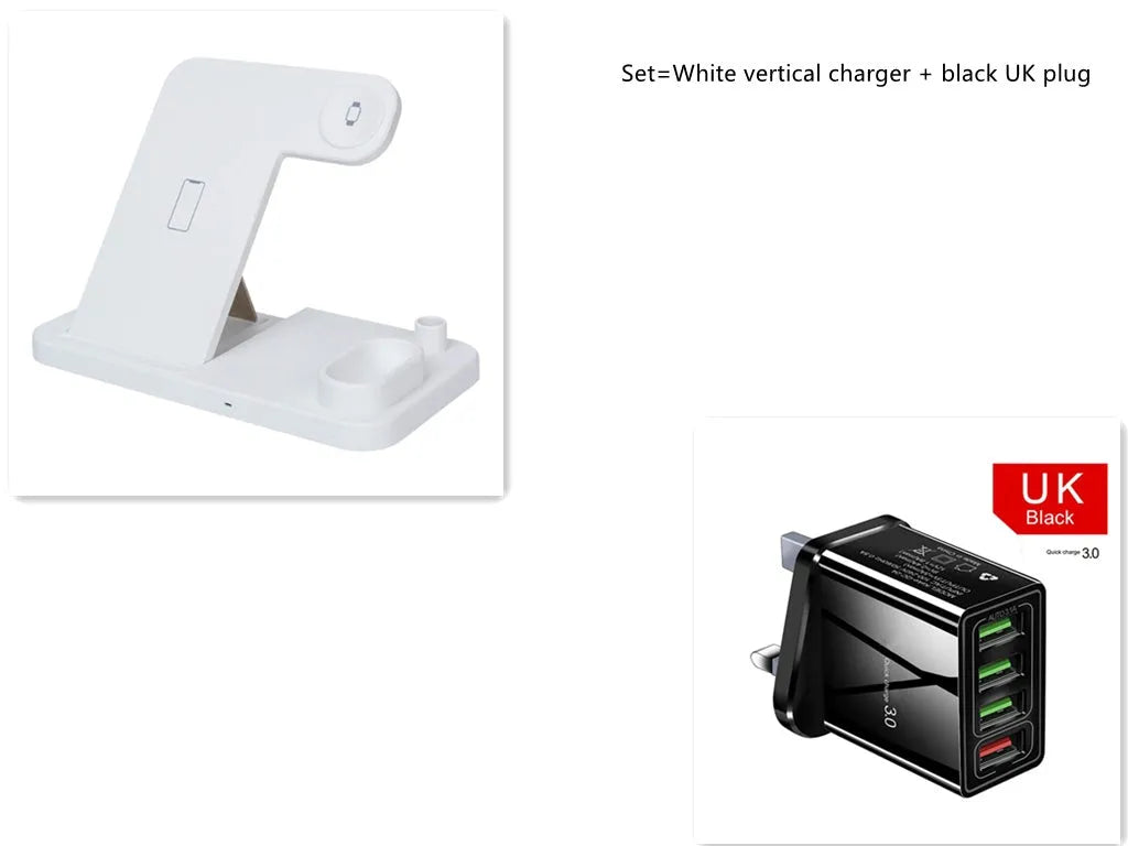 Black 4-in-1 wireless charging dock with phone on adjustable stand, Apple Watch and AirPods on charging modules