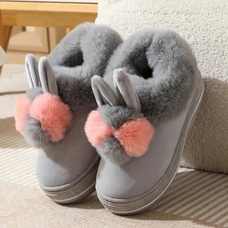 Women's winter high heel slippers in grey with plush upper and thick TPR sole